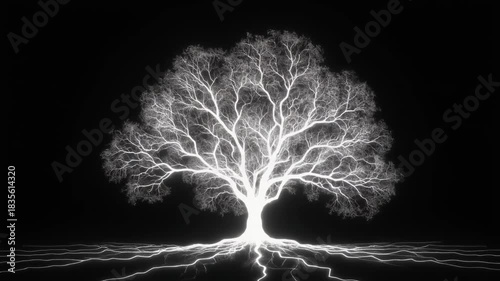 Growth of a Luminous White Tree with Expanding Roots and Branches on Black Background