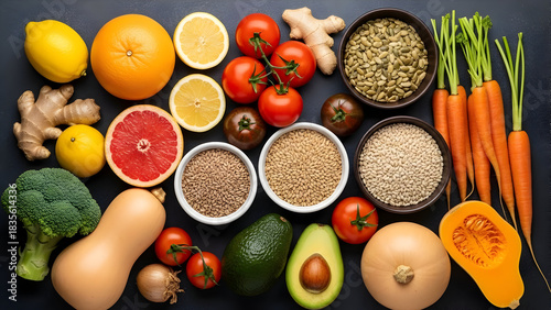 Colorful variety of healthy foods on a dark surface
