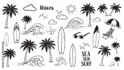 Tropical Beach & Summer Vector Set – Palm Trees, Surfboards, Waves, Sunsets, Islands, Coastal Silhouettes, Line Art & Retro Flat Illustrations for T-Shirts, Apparel & Travel Designs