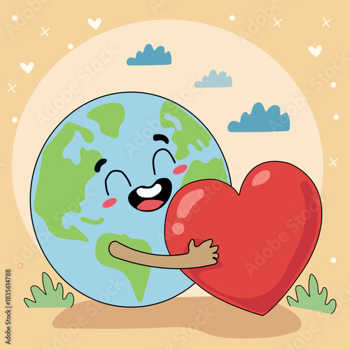 Cute smiling Earth hugging a big red heart vector