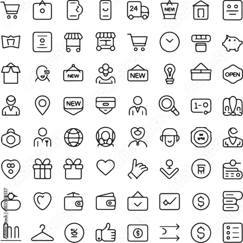 Shopping-themed icons including price tag, discount badge, storefront, basket, voucher, box, and delivery.