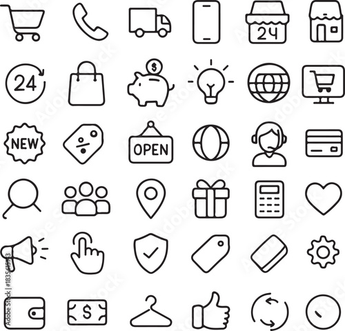 Thin-line icons featuring truck, location pin, route, cart, calendar, clock, and delivery services.