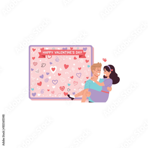 Cute Couple Illustration with Valentine Message Board and Heart Doodles