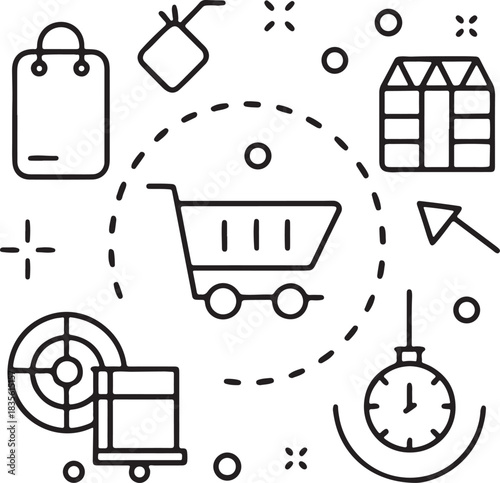 Vector icons including money, credit card, megaphone, chart, location, wallet, bag, cart, and stats elements.