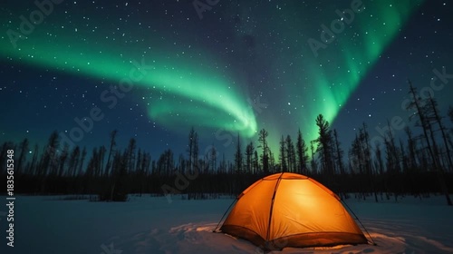 A glowing orange tent sits beneath the swirling green aurora borealis in a silent snowy forest