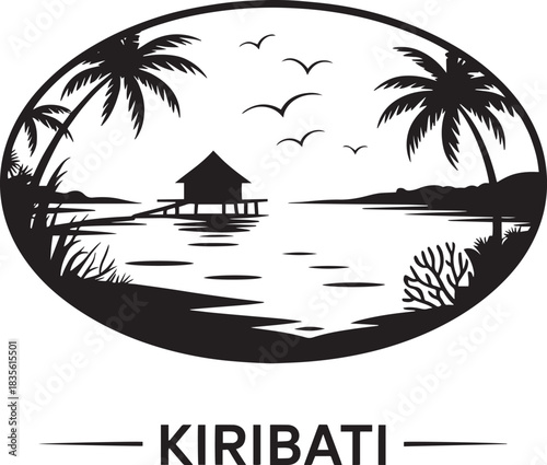Black silhouette of ocean view with palm trees and stilt house kiribati travel destination concept