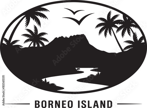 Black silhouette of volcano and winding river surrounded by palm trees borneo island vector art