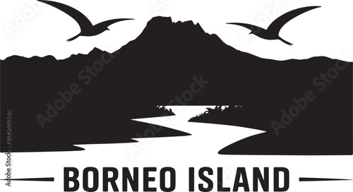 Borneo island mountain landscape vector silhouette stamp featuring jungle river view and exotic flying birds.