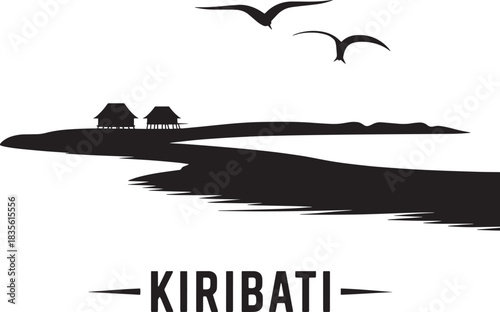 Kiribati island scene vector silhouette template of landscape with river waterway two huts and flying birds emblem