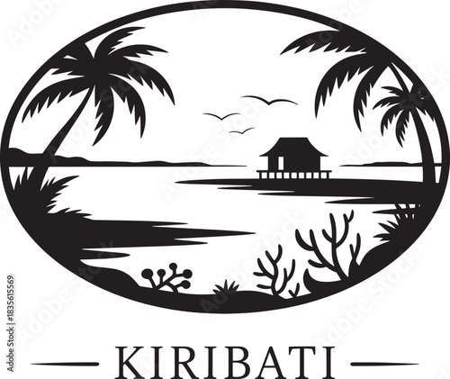 Kiribati tropical island lagoon scene with stilt house palm trees and underwater silhouette design graphic.