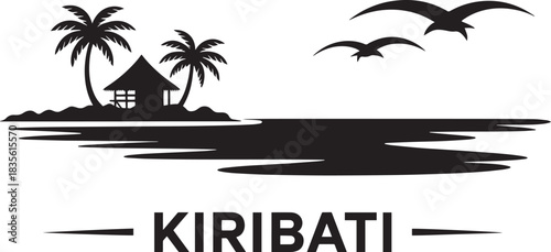 Kiribati trip emblem vector silhouette tropical beach island with palm trees hut ocean water and flying seabirds
