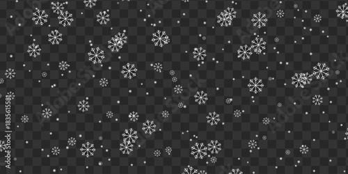 Gentle falling white snowflakes on a transparent winter scene