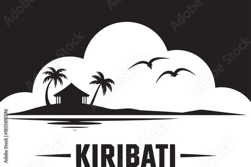 Kiribati tropical island vector silhouette vacation emblem with palm trees hut water and flying birds graphic design isolated background