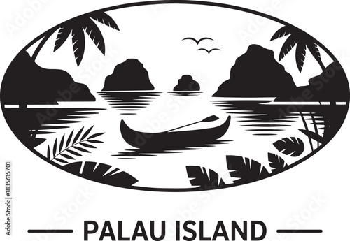 Palau island tropical landscape silhouette design featuring palm trees rock islands and canoe on ocean water.