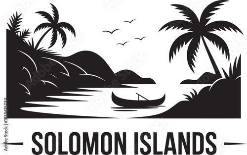 Solomon islands tropical ocean beach silhouette landscape design with mountains and canoe