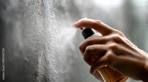 Using spray bottle to loosen wallpaper glue. Close-up of hands misting the wall with a spray bottle to soften adhesive. Droplets and reflections on the damp surface create organic