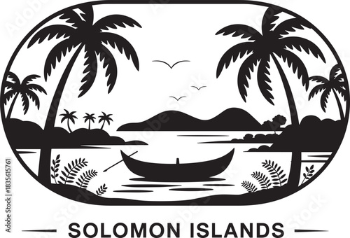 Solomon islands vector illustration tropical beach scene with palm trees and boat