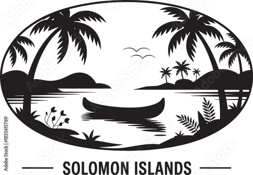 Solomon islands tropical oval silhouette design with palm trees small islets and boat