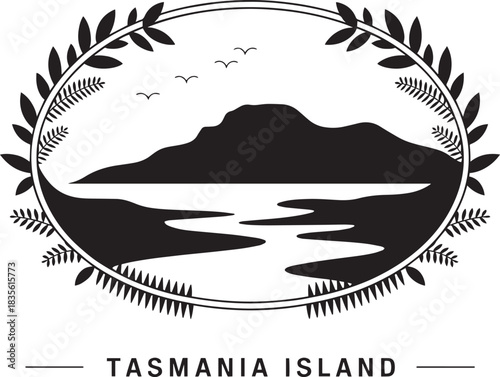 Tasmania island mountain and water landscape silhouette framed by detailed laurel wreath vector graphic.
