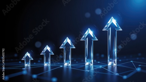 Crystal arrows pointing upwards, symbolizing growth and progress against a dark background, representing business success.