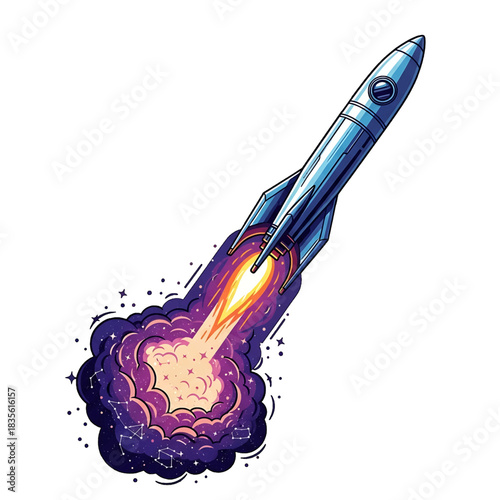 Vibrant blue rocket launching into space with a cosmic, star-filled exhaust trail, symbolizing innovation, progress, and exploration, isolated on transparent background.