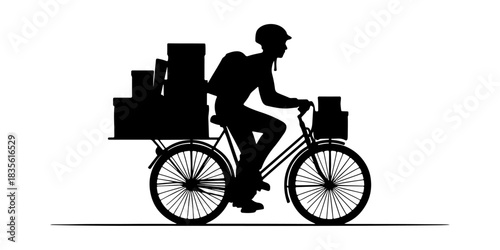 Silhouette of a delivery person riding a bicycle loaded with packages and boxes