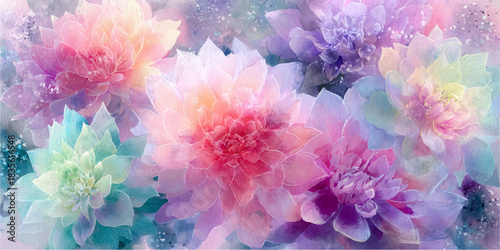 Soft focus pastel colored dahlia flowers with delicate petals in a dreamy floral arrangement