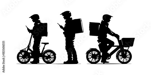 Silhouette of delivery person on bicycle with backpack and phone in three different poses