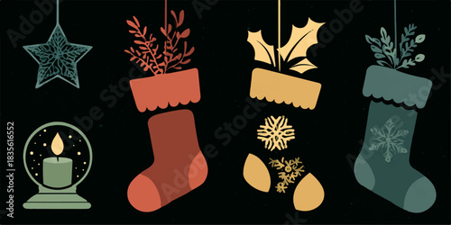 Festive christmas stockings and ornaments hanging against a dark background