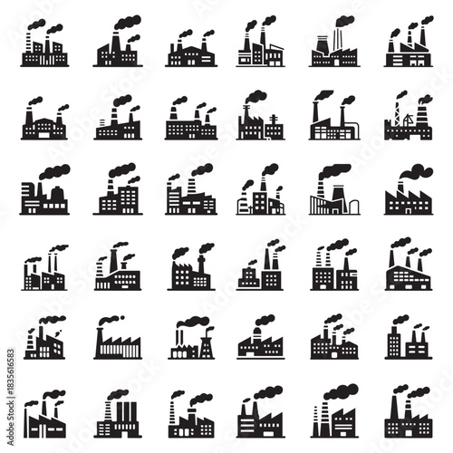 Collection of diverse industrial factory icons with smokestacks machinery and buildings in bold silhouette style