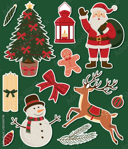 Vector season sticker pack. Christmas festive symbols and design elements - Christmas tree, lantern, Santa Claus, candles, gingerbread cookie, bow, snowman, reindeer, spruce branch and tree ornaments.