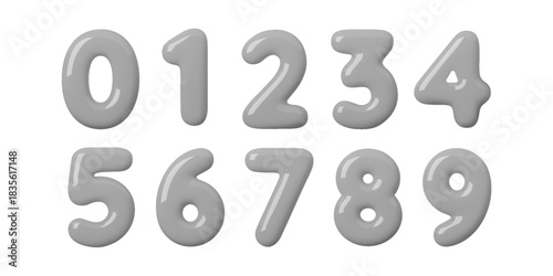 Soft 3D number set in smooth grey balloon style. Glossy inflated digits create a cute neutral look for modern layouts and playful designs. Shiny grey surfaces and rounded 3D number shapes stand out