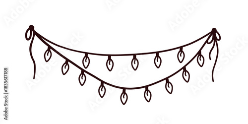 Line drawing of Christmas garland with light bulbs. Festive festoon xmas string and divider border in simple linear style. Doodle vector illustration