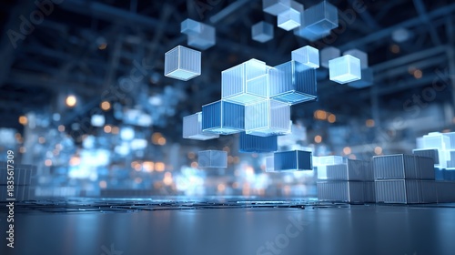 Digital Cubes Floating in a Futuristic Space: Abstract representation of digital data, with translucent blue cubes suspended in a cool, atmospheric environment.
