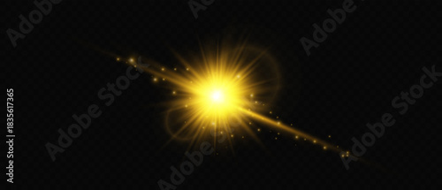 ntense golden light flare with brilliant core and scattered radiant particles. Perfect for space-themed designs, dynamic visual effects, sci-fi illustrations, promotional materials