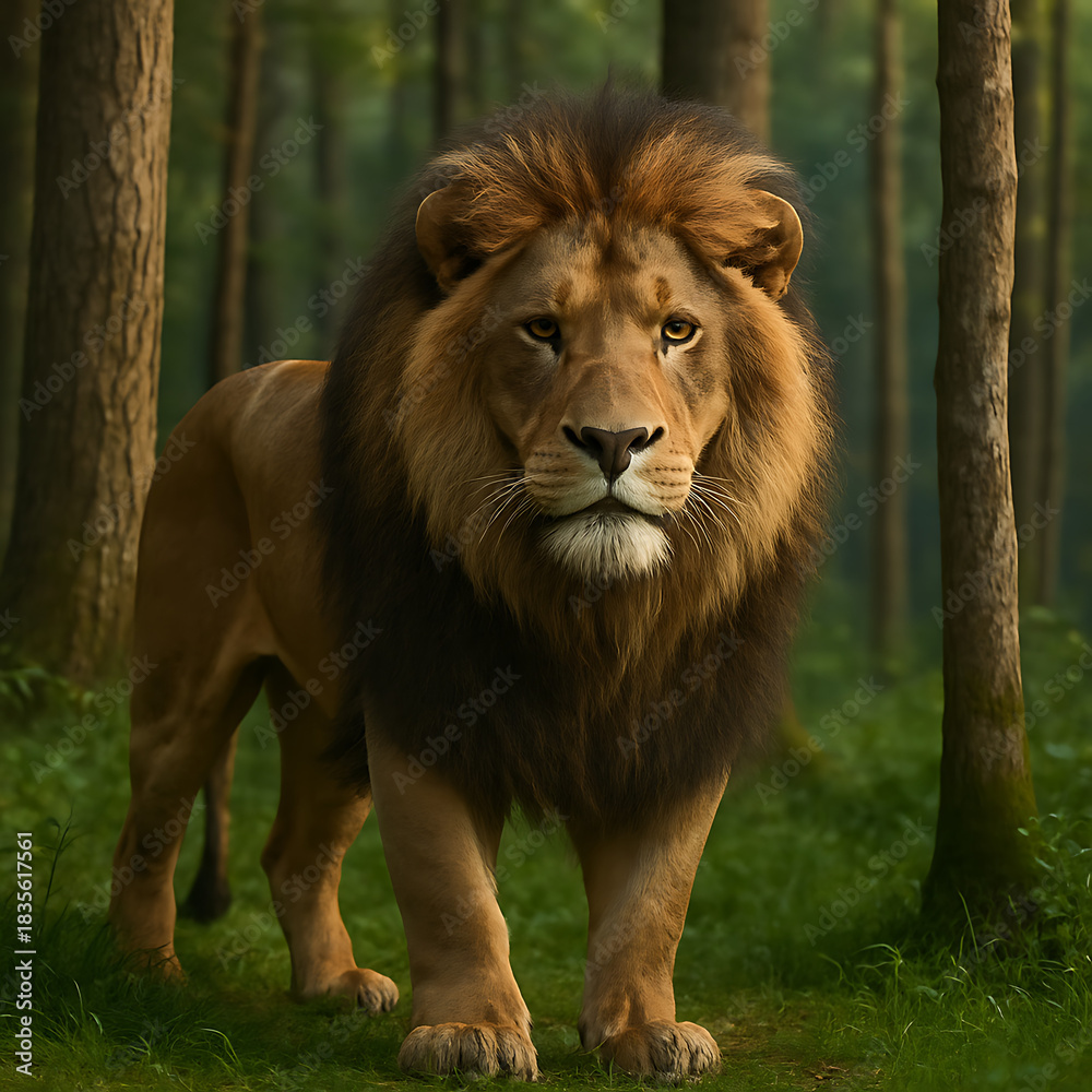 Fototapeta premium Urdu Regal Male Lion Walking Through Woodland with Dramatic Lighting and Intense Expression, Close-Up Portrait of a Wild Lion in a Forest Environment with Natural Light, Strong and Confident Lion 