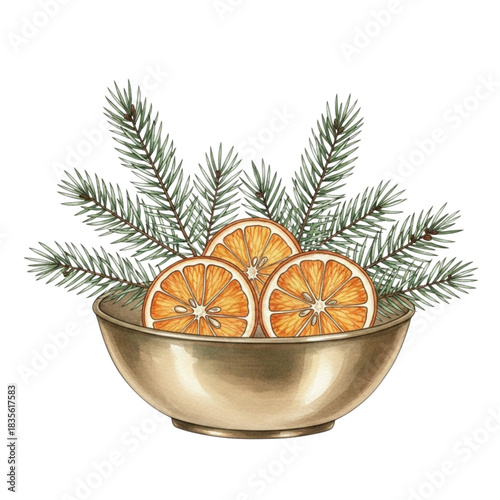 Watercolor Christmas Decor: Golden Bowl with Dried Oranges and Fir Branches, Festive Holiday Still Life, Winter Season Arrangement