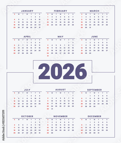 Calendar of Year 2026 with All Twelve Months Overview Design