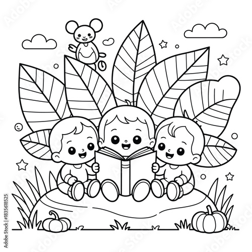 Cute babies reading together in nature black and white outline illustration