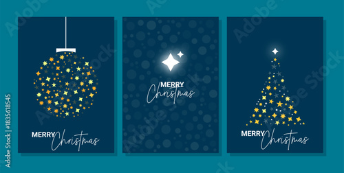 Festive Christmas designs with shining ornaments tree and celebratory text