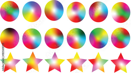 Vibrant array of colorful circles and stars with a smooth gradient effect perfect for adding an artistic touch to your next creative design project or cheerful background