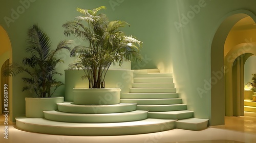 Green pastel tone display, three circular steps, palm decor, smooth ambient lighting