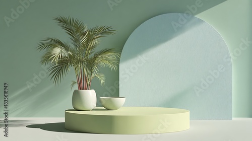 Minimal sage pastel composition, circular podium and palm pot, tranquil light