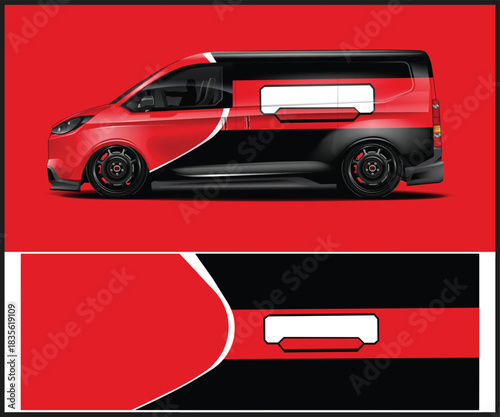 Red and black delivery van mockup with customizable branding space