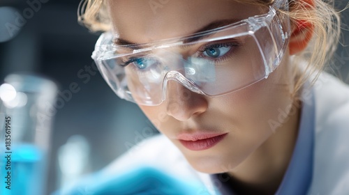 Scientist in Lab: A focused scientist, with bright blue eyes, meticulously examines a scientific instrument within a modern laboratory setting.