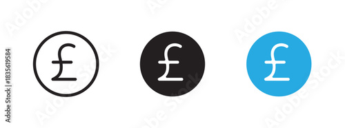 Pound sterling - GBP icon set. Global currency. World money. Round shape. Black and blue color. Finance concept. Editable stroke. Vector illustration. Isolated on a white background.