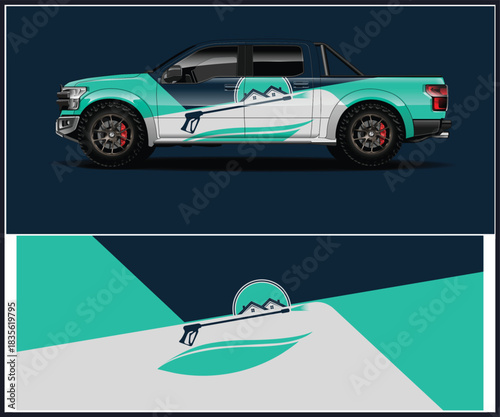 Modern truck wrap design with geometric shapes and bold color scheme