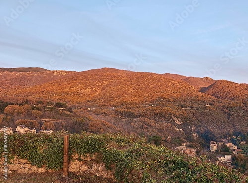 scenic and romantic hilly panorama at sunset