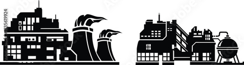 Factory icon set, Power plant industrial icon set . Factory, power plant, oil refinery and oil processing plant industrial icon. Vector illustration !