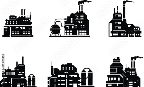 Factory icon set, Power plant industrial icon set . Factory, power plant, oil refinery and oil processing plant industrial icon. Vector illustration !